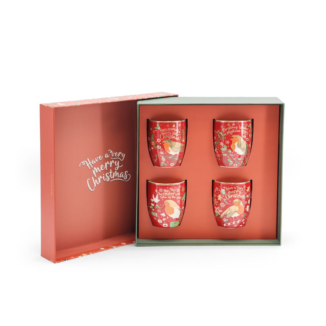 Christmas Robin Set of 4 Mugs by Tipperary  This set of four festive mugs will add seasonal cheer to your kitchen. Crafted from high-quality ceramic, each mug features a unique design of red and gold Christmas Robins. Enjoy your favourite hot beverage this holiday season with the Tipperary Christmas Robin Set of 4 Mugs.