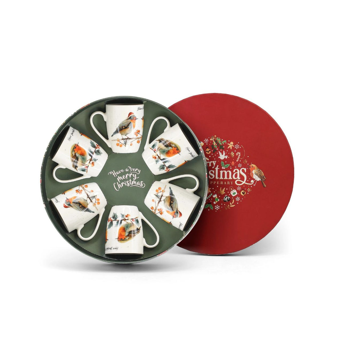 Celebrate the festive season with this charming set of six ceramic mugs featuring cheerful Christmas robins. Each mug in this Tipperary collection showcases delicate robin illustrations perfect for holiday gatherings and winter entertaining.