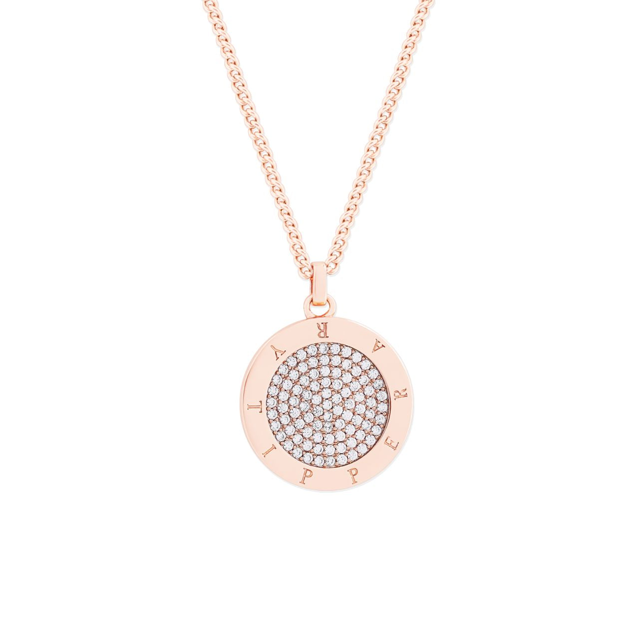 Circle Pave Rose Gold Pendant by Tipperary Crystal The Tipperary Circle Pave Rose Gold Pendant is an elegant piece of jewelry with a delicate design. Crafted by Tipperary Crystal, this pendant has a luxurious rose gold finish and is encrusted with sparkling stones. Wear it for any special occasion to add a unique touch to your look.