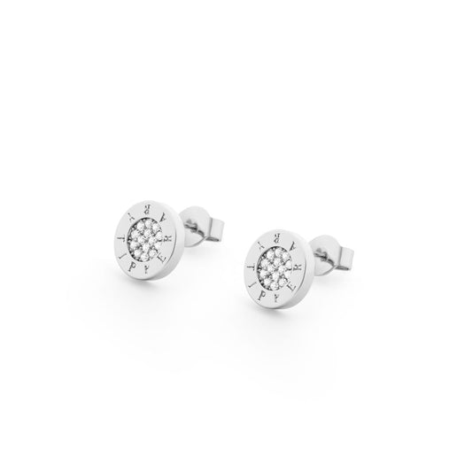 Circle Pave Silver Stud Earrings by Tipperary Crystal  Elegant and timeless, the Tipperary Crystal Circle Pave Silver Stud Earrings are perfect for any occasion. The earrings feature a classic circle design with pave-style detailing. These beautiful earrings will add a touch of class to any look.