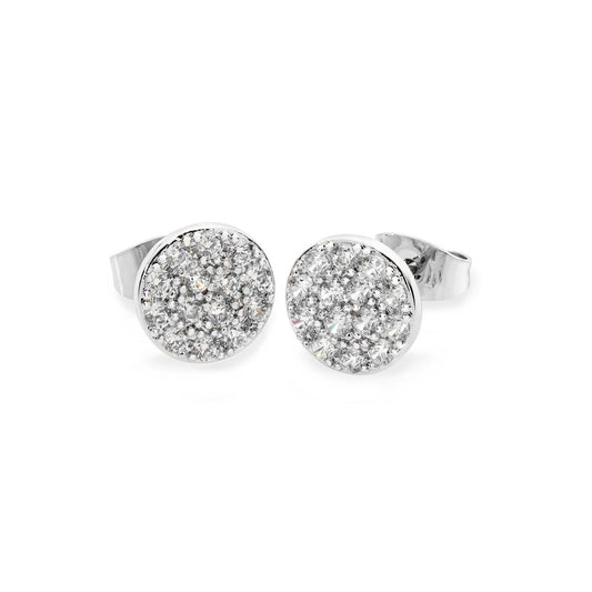 Dainty and dazzling, these earrings are a mini version of our pavé moon pendant. Full of sparkle, these adorable silver earrings are covered in round micro-set clear crystals. They secure with push back closures.