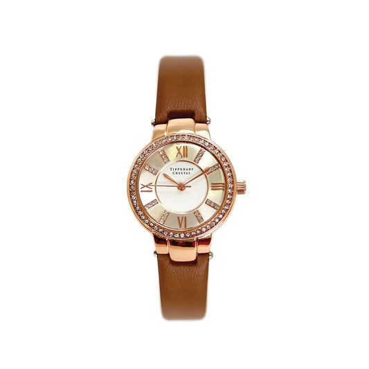 Continuance Rose Gold Ladies Watch with Leather Strap by Tipperary  The continuance in rose gold has a rich and luxuriant feel. The leather strap compliments the rose gold plating and crystal setting on the watch case. Inset with crystal on the face, this beautiful timepiece is sure to please. Each watch has a twelve month warranty.