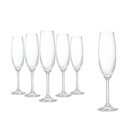 Connoisseur Champagne Flute Set of 6  by Tipperary Crystal  An exquisite set of 6 x 220ml Champagne flutes glasses from Tipperary Crystal and now at a stunning price.  Presented is a signature grey Tipperary Crystal box.