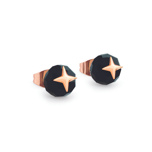 Tipperary Rose Gold Moon Black Stud Earrings  Inspired by the hypnotic energy of the glowing moon, this collection is contemporary and minimalist yet luxuriously adorned with the clearest sparkling stones.