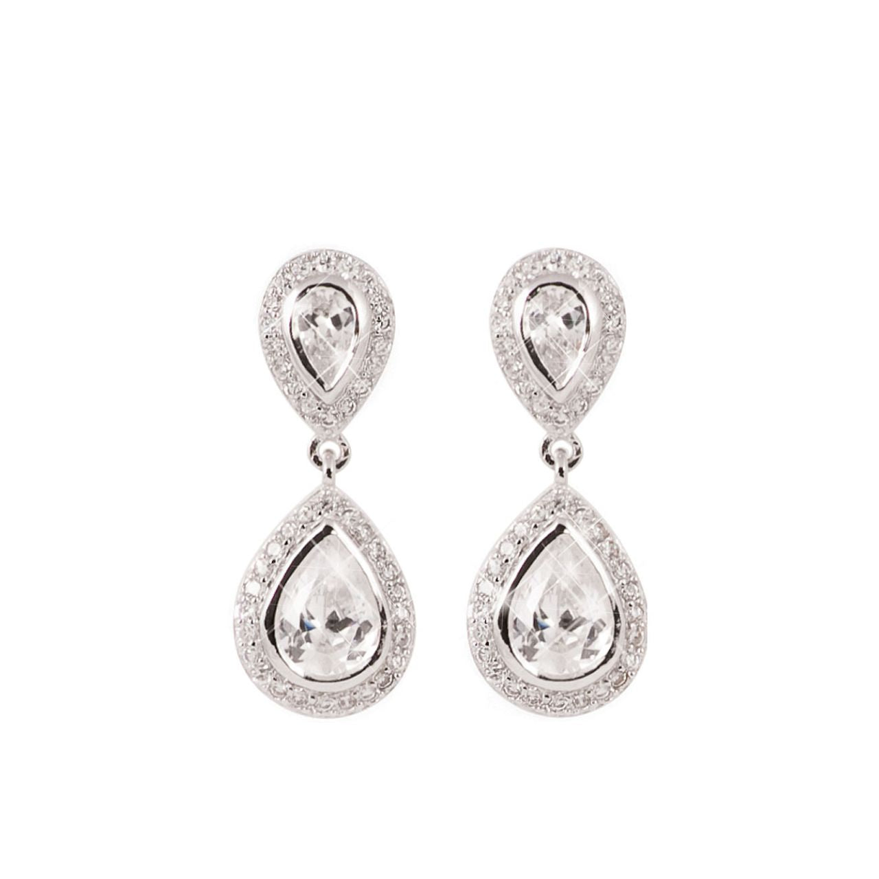 Tipperary Pear Shaped CZ Drop Earrings Silver  These elegant double tear-drop earrings are a captivating look. Fashioned in silver, each earring features a pear-shaped center stone bordered with a halo of shimmering clear crystal accents. A duplicate of these pear-shaped drops suspends from the ﬁrst creating a sparkling mirror image. Polished to a brilliant lustre, these versatile post earrings secure comfortably with push backs.