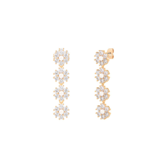 Elevate your elegance with the Tipperary Daisy CZ &amp; Pearl Drop Gold Earrings. Featuring delicate daisy motifs adorned with sparkling cubic zirconia and subtle pearl drops, these earrings offer a refined blend of classic charm and timeless sophistication.
