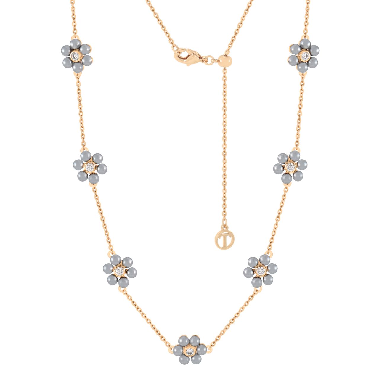 Elegant and versatile, the Daisy Grey Pearl Necklace embodies the timeless beauty of the daisy flower. Each bloom is crafted with lustrous grey pearl petals surrounding a sparkling CZ centre, set along a polished gold adjustable chain.