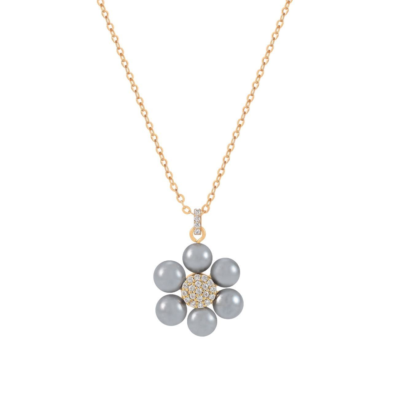 This striking Daisy Grey Pearl Pendant combines the timeless charm of pearls with the radiance of sparkling CZ stones. The flower design features lustrous grey pearl petals encircling a brilliant CZ pavé centre, suspended elegantly from a polished gold chain.