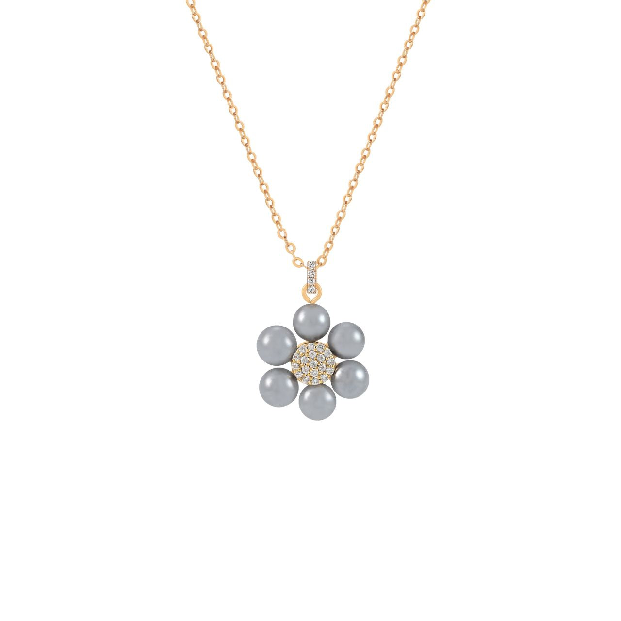 This striking Daisy Grey Pearl Pendant combines the timeless charm of pearls with the radiance of sparkling CZ stones. The flower design features lustrous grey pearl petals encircling a brilliant CZ pavé centre, suspended elegantly from a polished gold chain.
