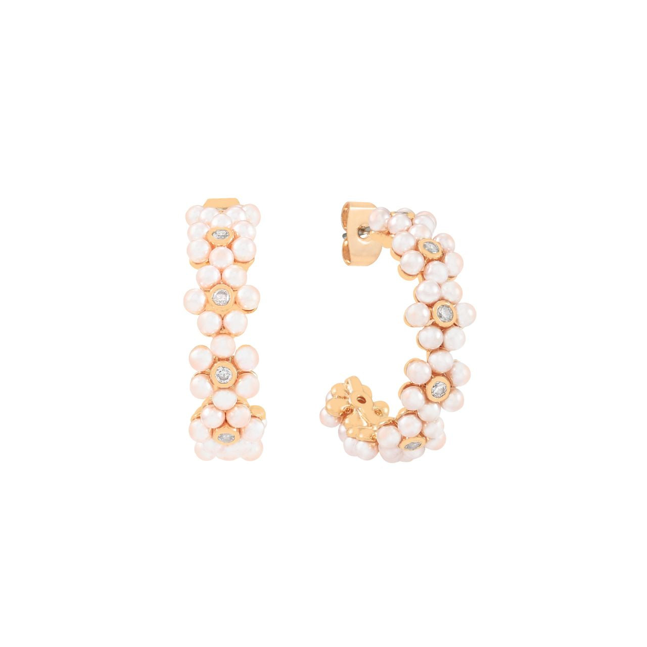 Elevate your elegance with the Tipperary Daisy Pink Pearl Hoop Cluster Gold Earrings. Featuring delicately clustered pink pearls on a refined gold hoop, these earrings offer a subtle yet striking statement.