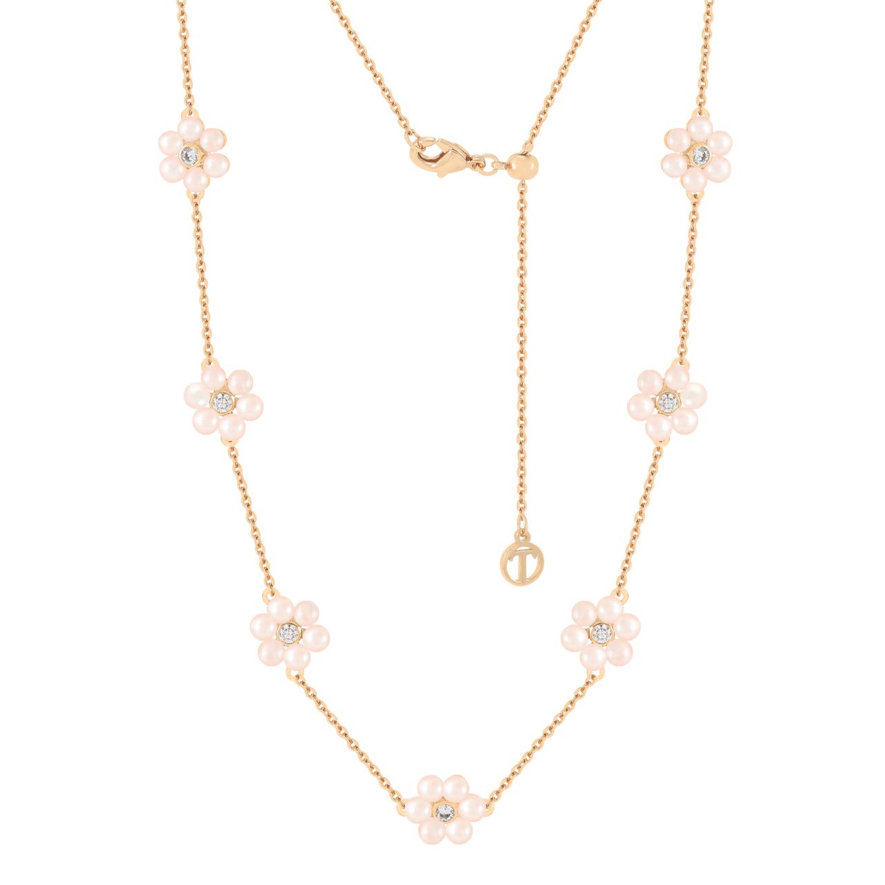 Elevate your elegance with the Tipperary Daisy Pink Pearl Necklace in Gold. This refined piece features delicate pink pearls gracefully strung to complement its warm gold setting, creating a subtle yet striking accessory.
