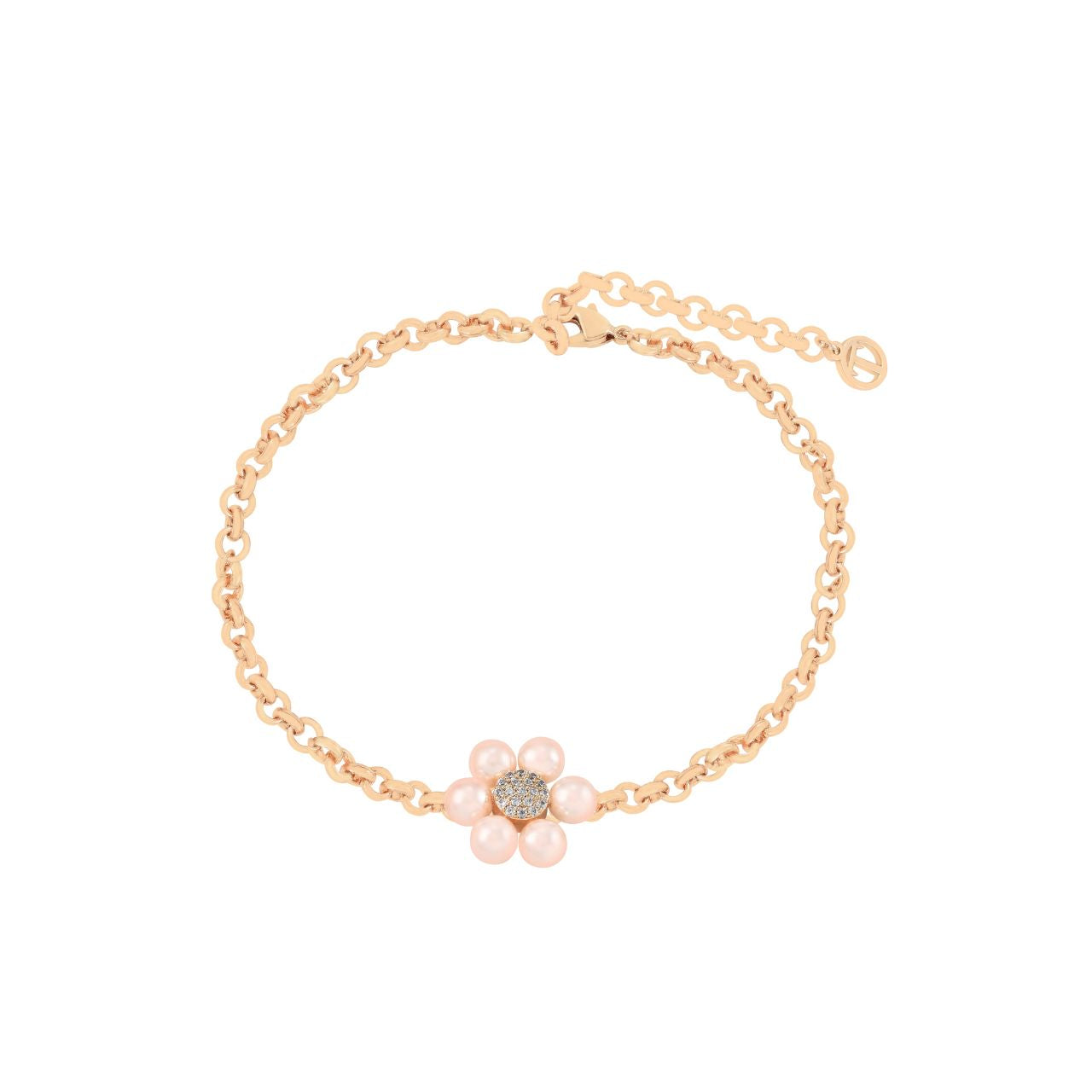 Delicate and feminine, the Daisy Pink Pearl Single Daisy Bracelet captures the beauty of a blooming flower with a soft, romantic twist. The centre daisy motif features lustrous pink pearl petals encircling a pavé of sparkling cubic zirconia, all set on a polished gold chain.