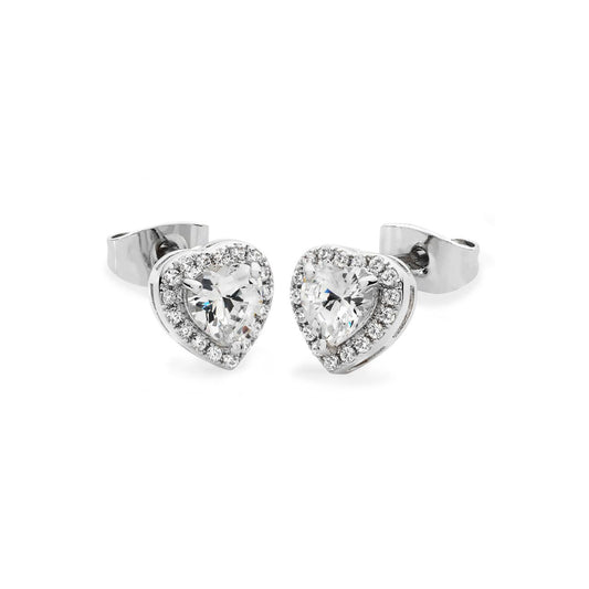 Crafted in silver, each eye-catching stud earring features an enchanting heart-shaped clear crystal center stone framed with a border of shimmering crystal accents. Buffed to a bright lustre, these earrings secure comfortably with push backs.