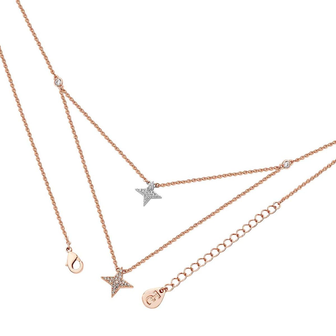 Double Floating Pave Star Necklace Rose Gold by Tipperary  This time round the double floating necklace has a rose gold chain and effectively mixes with a silver inner star pendant. Both stars are inset with cz’s in a páve style. This is truly a stunning piece that will compliment any outfit.
