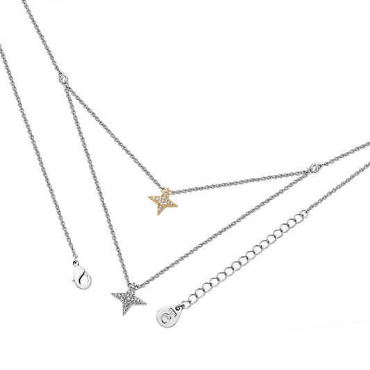 Double Floating Pave Star Necklace Silver by Tipperary  This fashion statement has a double star effect that carefully mixes rose gold and silver elements. The inside section holds a rose gold four pointed star inset with cz’s, this inside star is reflected on the outside silver star. The overall effect is to create a stunning statement piece.