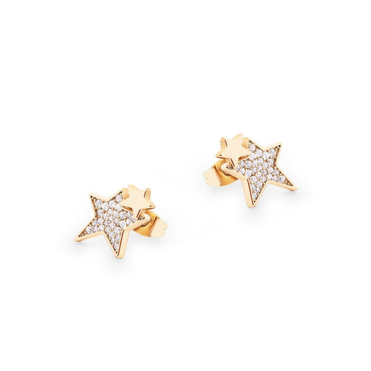 Gold Double Star Earrings by Tipperary - New 2024  Showcase your sense of style with this beautiful Gold Double Star earrings. Crafted with exquisite attention to detail, this piece of jewellery is a timeless addition to any wardrobe. Both durable and elegant, ensuring it will remain a treasured item for many years to come.