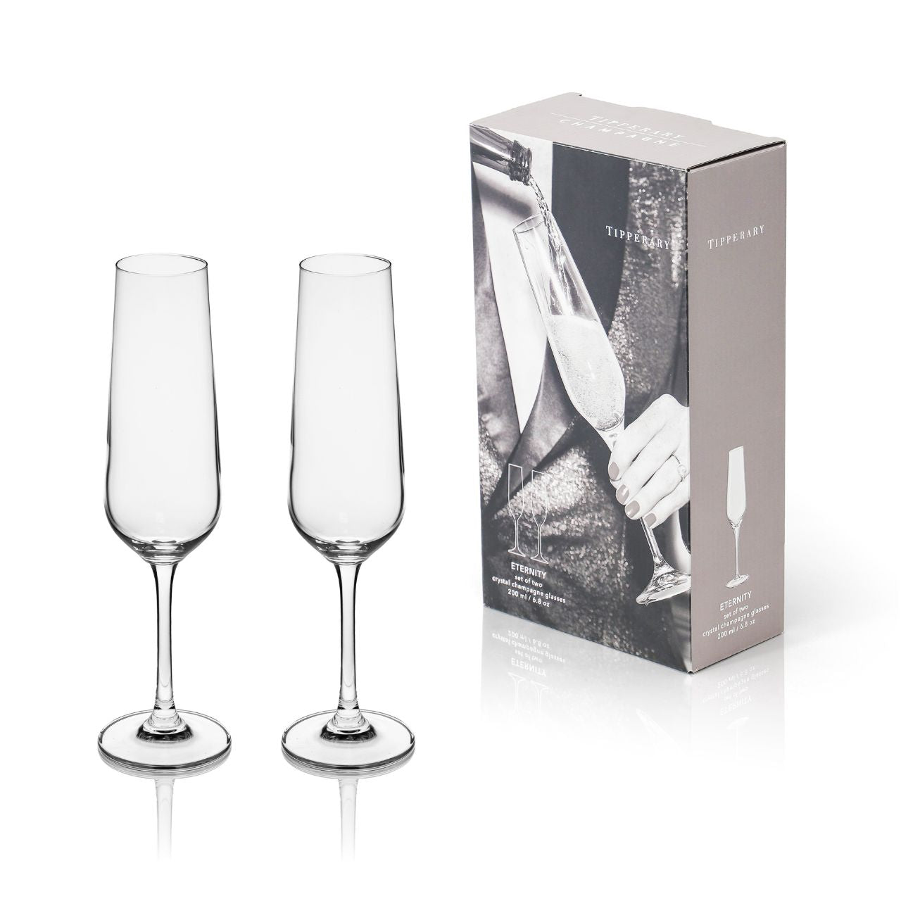 Celebrate life's finest moments with this elegant pair of crystal champagne glasses from Tipperary. Crafted with precision and refinement, the Eternity collection features timeless design that complements any table setting.