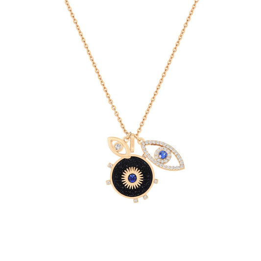 Layered with meaning and detail, the Evil Eye Icon Necklace is a standout piece from the Evil Eye Collection. Designed to symbolise positivity and protection, this necklace combines multiple charms for a modern, stylish look that makes a statement.