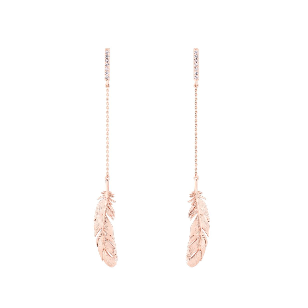 Rose Gold Feather & Chain Long Earrings by Tipperary  These Rose Gold Feather & Chain Long Earrings by Tipperary will instantly upgrade your look. Crafted with rose gold plated brass, this timeless jewellery piece is lightweight and durable. Enjoy the beauty of a classic design that will last for many years to come.