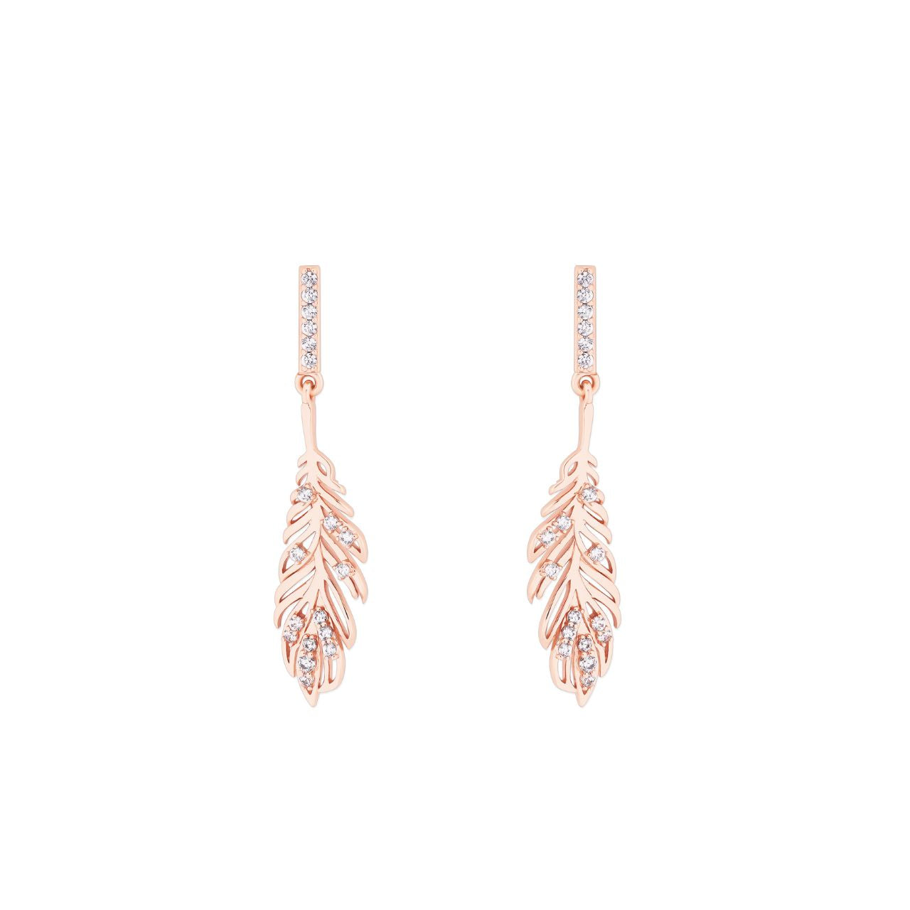 Rose Gold Feather Drop Earrings Inset With Clear CZ by Tipperary  The Tipperary Feather Simple Drop Earrings offer an elegant take on feather jewellery collection in gold. These drop earrings offer a modern twist on traditional jewellery designs. Wear them to add a touch of sophistication to any outfit.