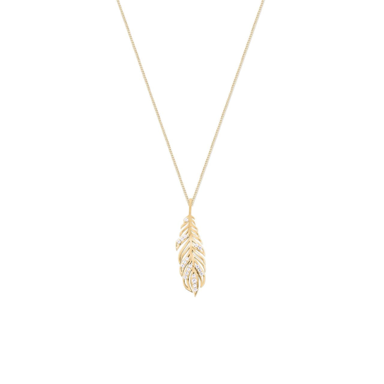 Elevate your elegance with the Tipperary Feather Gold Pendant, beautifully crafted and accented with shimmering cubic zirconia.