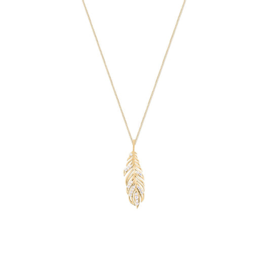 Elevate your elegance with the Tipperary Feather Gold Pendant, beautifully crafted and accented with shimmering cubic zirconia.