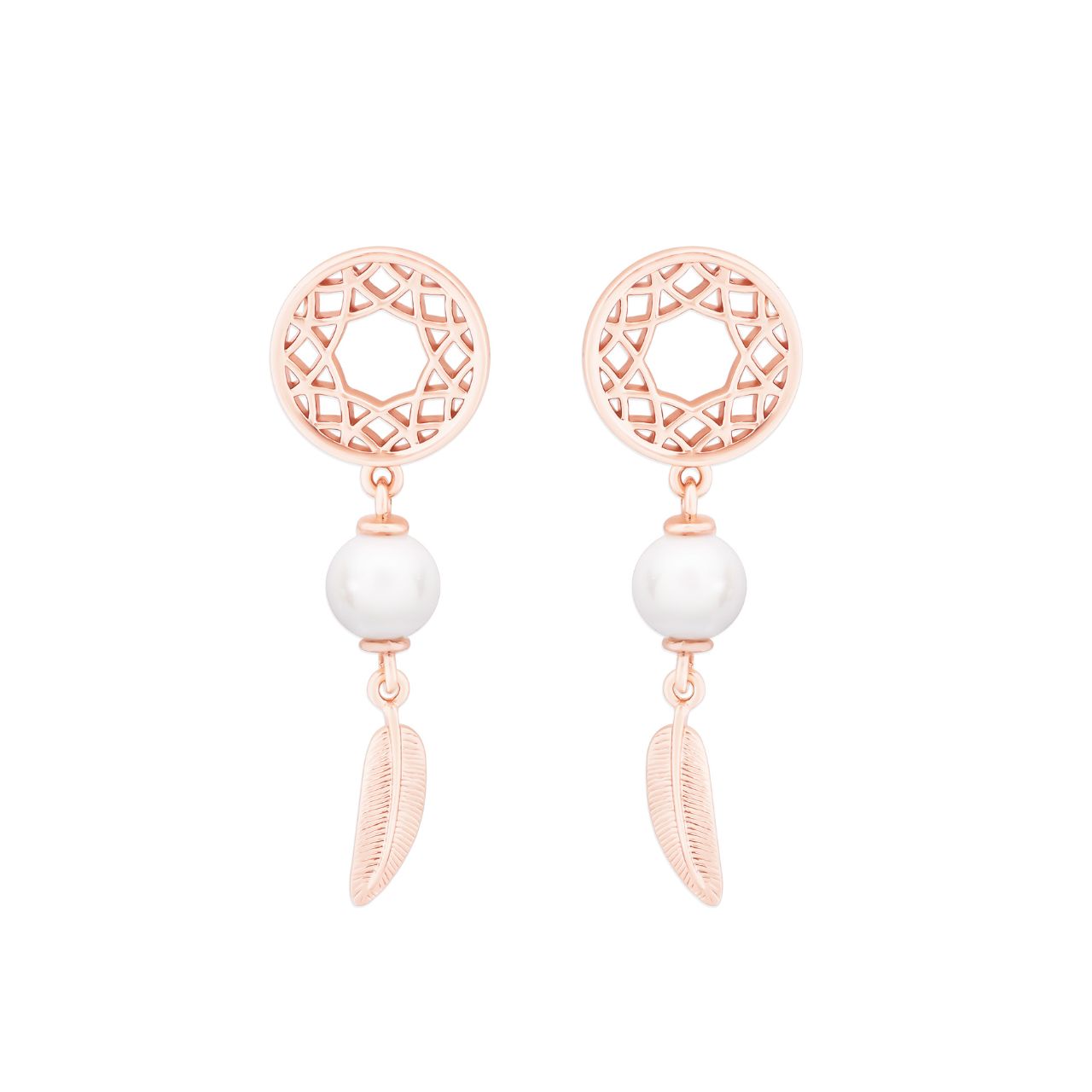 Feather & Pearl Boho Earrings Rose Gold by Tipperary  These elegant Feather & Pearl Boho Earrings Rose Gold from Tipperary are the perfect way to show off your unique style. Crafted with a timeless design, they feature stunning rose gold hardware and beautiful pearl and feather details to add a touch of classic glamour to your look.