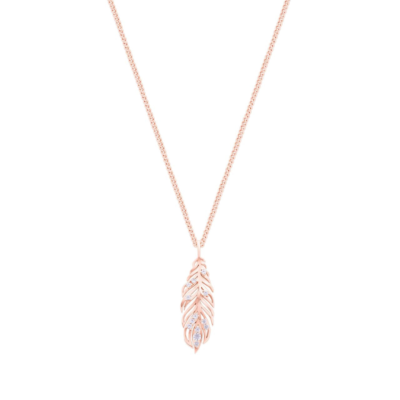 Rose Gold Feather Pendant Inset With Clear CZ by Tipperary  Add a sophisticated touch to your look with this extraordinary Rose Gold Feather Pendant Inset With Clear CZ, created by Tipperary. A beautiful combination of style and quality, the delicate rose gold feather is embellished with a sparkly Clear CZ inlay for added texture and shine.