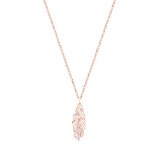 Rose Gold Feather Pendant Inset With Clear CZ by Tipperary  Add a sophisticated touch to your look with this extraordinary Rose Gold Feather Pendant Inset With Clear CZ, created by Tipperary. A beautiful combination of style and quality, the delicate rose gold feather is embellished with a sparkly Clear CZ inlay for added texture and shine.