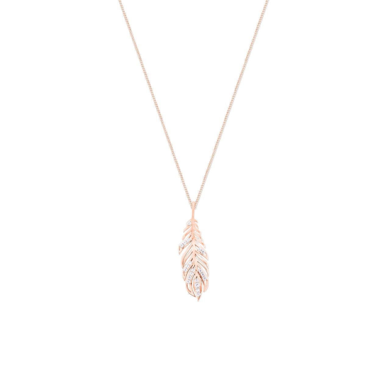 Elevate your elegance with the Tipperary Feather Rose Gold Pendant, delicately inset with sparkling cubic zirconia.