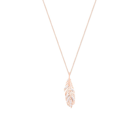 Elevate your elegance with the Tipperary Feather Rose Gold Pendant, delicately inset with sparkling cubic zirconia.