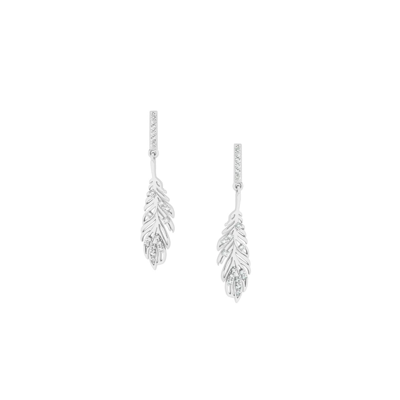 Delicate feather-inspired earrings crafted in gleaming silver, adorned with sparkling cubic zirconia insets that catch the light beautifully.