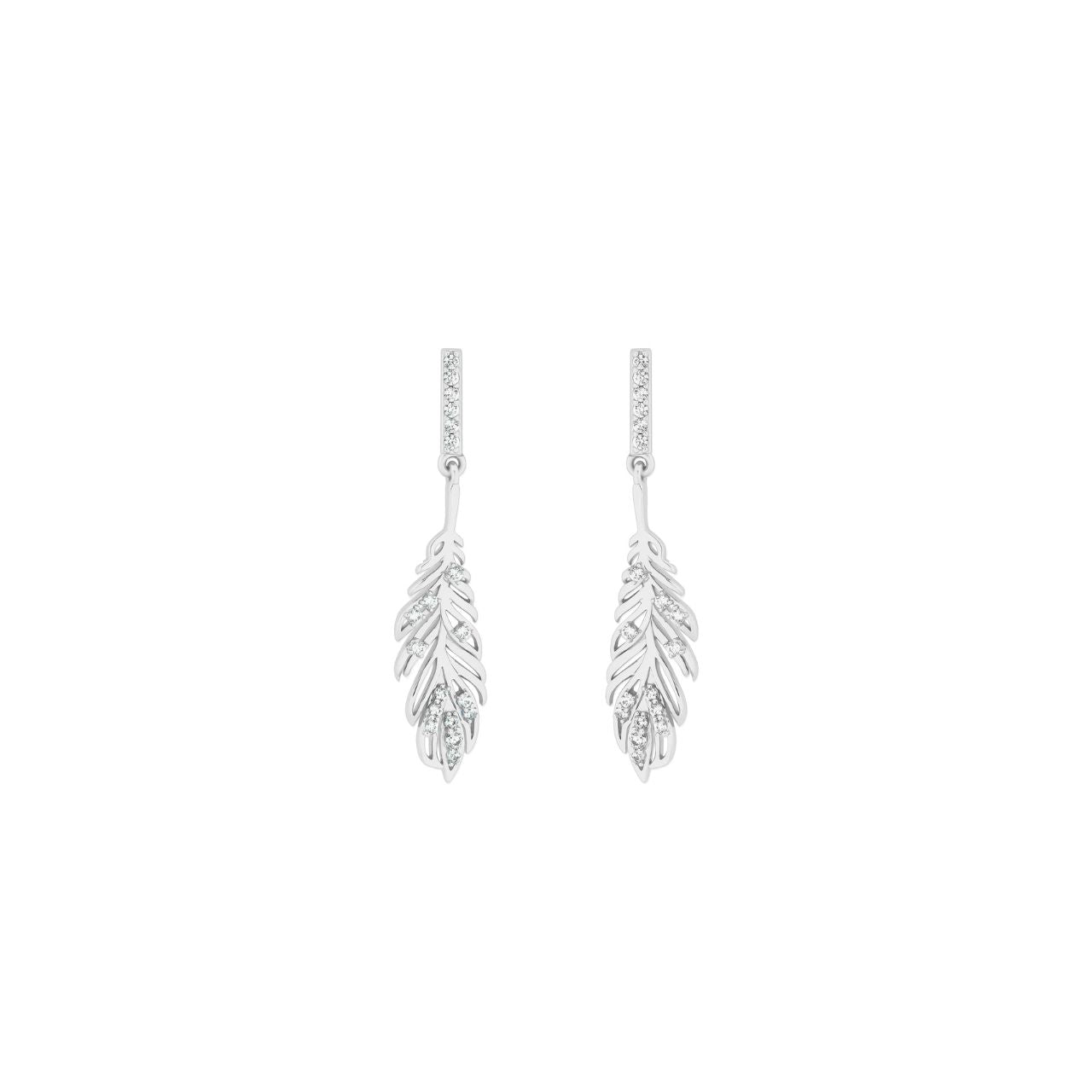 Delicate feather-inspired earrings crafted in gleaming silver, adorned with sparkling cubic zirconia insets that catch the light beautifully.