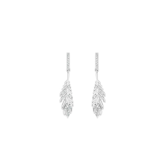 Delicate feather-inspired earrings crafted in gleaming silver, adorned with sparkling cubic zirconia insets that catch the light beautifully.