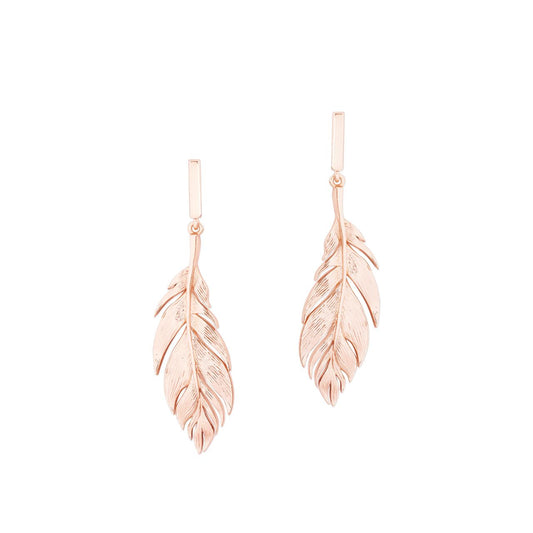Feather Collection Rose Gold Simple Drop Earrings by Tipperary  The Tipperary Feather Simple Drop Earrings offer an elegant take on feather jewellery collection in rose gold. Crafted by the expert jewellers for Tipperary, these drop earrings offer a modern twist on traditional jewellery designs. Wear them to add a touch of sophistication to any outfit.