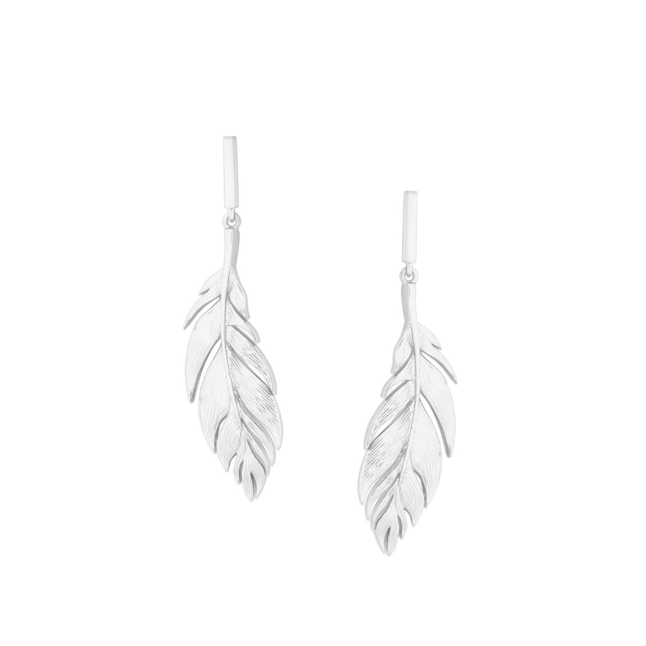 Silver Feather Simple Drop Earrings by Tipperary  The Tipperary Feather Simple Drop Earrings are an elegant accessory crafted with quality silver for everyday wear. The design features a conspicuous feather pattern, adding a subtle, yet stylish touch to any look. These earrings are the perfect way to complete any outfit.