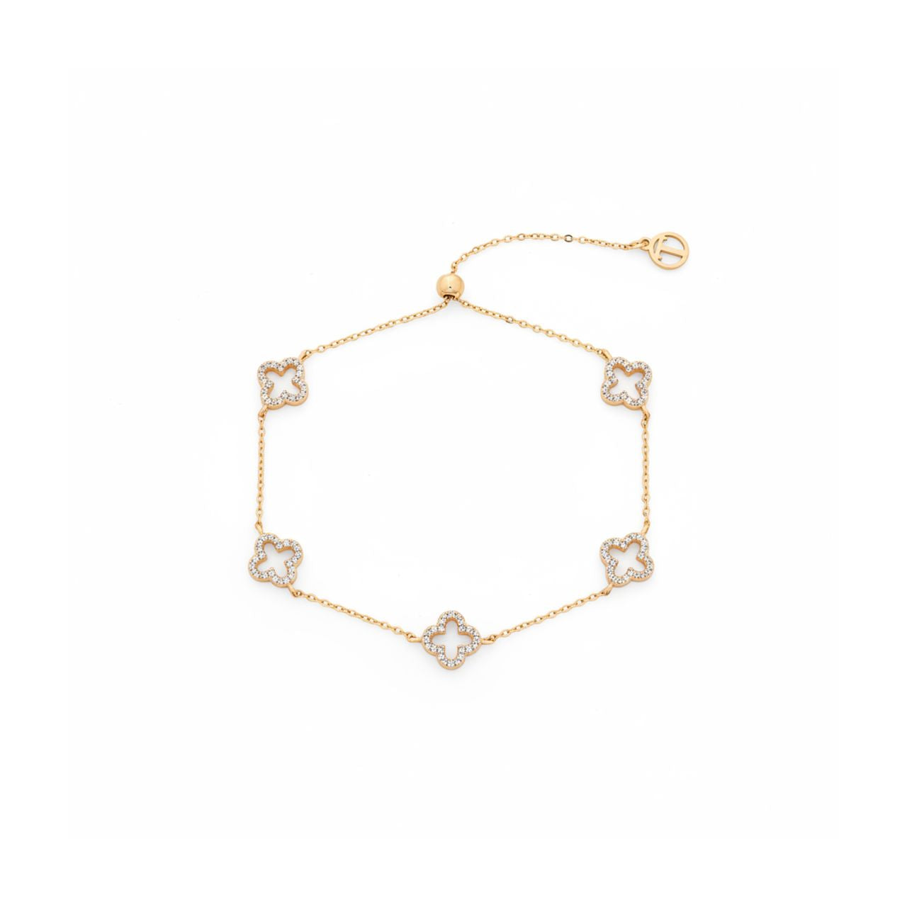 Elevate your everyday elegance with this stunning Fleur bracelet from Tipperary's celebrated collection. Featuring five brilliantly set cubic zirconia insets arranged in an exquisite fleur-de-lis pattern, this gold bracelet captures light beautifully while maintaining timeless sophistication.