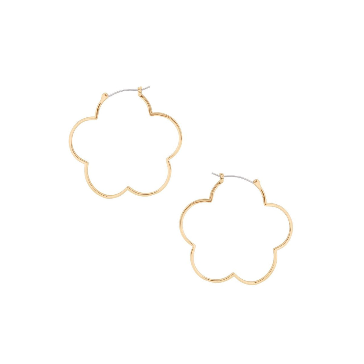 These hoop earrings take the classic silhouette somewhere a little more interesting. Instead of a plain circle, the wire follows the outline of a flower, with soft rounded petals giving the whole shape a gentle, organic feel. In gold, they catch the light nicely without being too flashy.