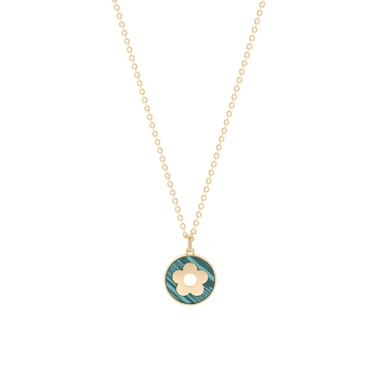 Elevate your everyday elegance with this stunning green malachite disc pendant from Tipperary's Fleur Collection.