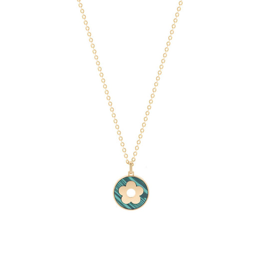 Elevate your everyday elegance with this stunning green malachite disc pendant from Tipperary's Fleur Collection.