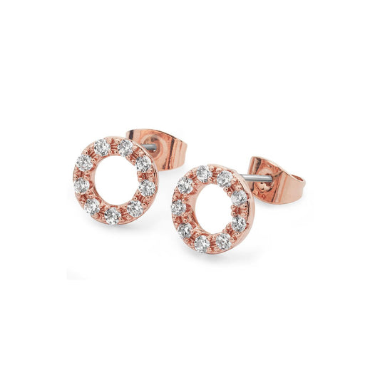 Forever Moon Earrings Rose Gold by Tipperary  These sophisticated clear crystal stud earrings are the perfect accompaniment to the Forever moon pendant. Each rose gold post earring features an open circle fully lined with 24 dazzling clear cut crystals and comfortably secured with push backs.
