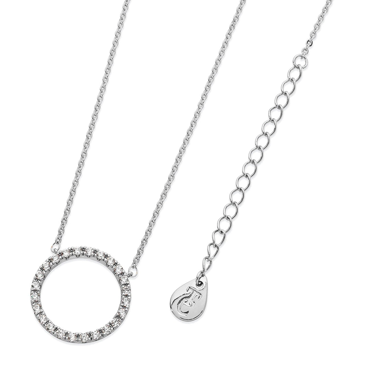 Forever Moon Pendant Silver - Tipperary Crystal  Symbolising your unending love, this simple diamond pendant is an unending circle of elegance. The dainty open circled design is completely lined in shimmering clear crystals and suspends along a silver cable chain that secures with a lobster claw clasp, a chain extension and a TC branded fob.