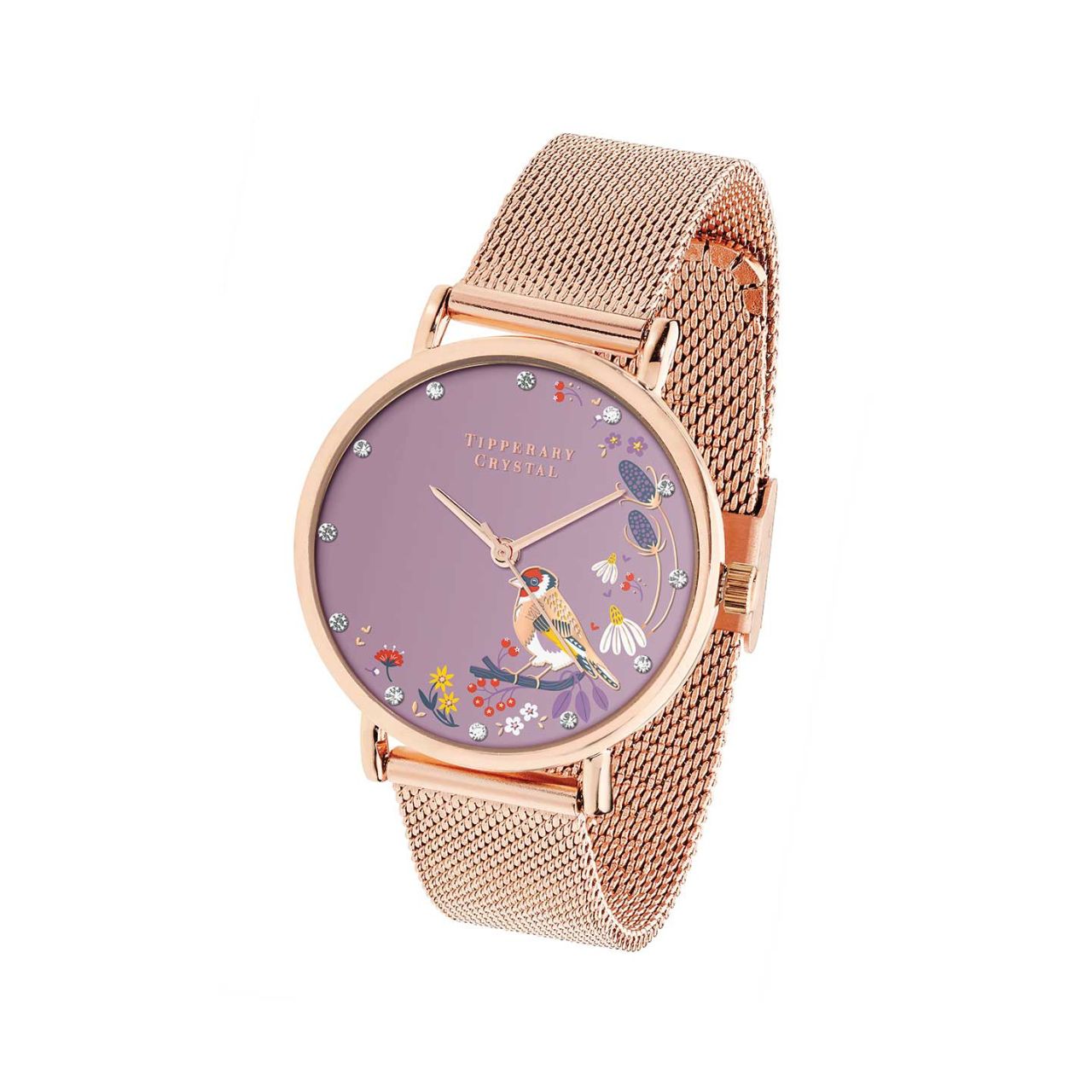 Goldfinch Rose Gold Birdy Watch by Tipperary  The Birdy Collection is a vibrant collection of rose gold watches showcasing the Birdy designs. The watches feature an array of Irish garden birds in an enchanted garden setting, embellished with rose gold detailing and crystal insets.