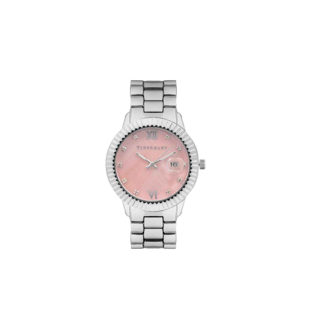 Crafted by the designers at Tipperary, This stunning timepiece features a sleek silver-tone case and band, beautifully complemented by a pearl pink dial.