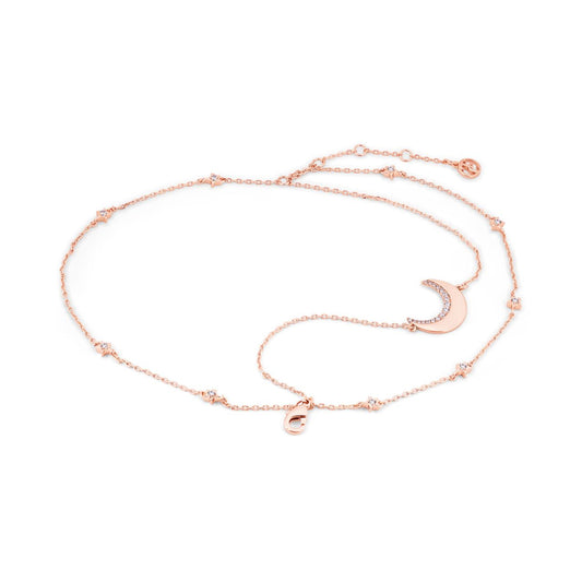 Rose Gold Half Moon Bracelet by Tipperary  This delicate bracelet is made from Rose gold and features a crystal embellished half moon and five twinkling stars, that shimmer as you move. This bracelet closes with a lobster clip and is finished with a TC Fob.