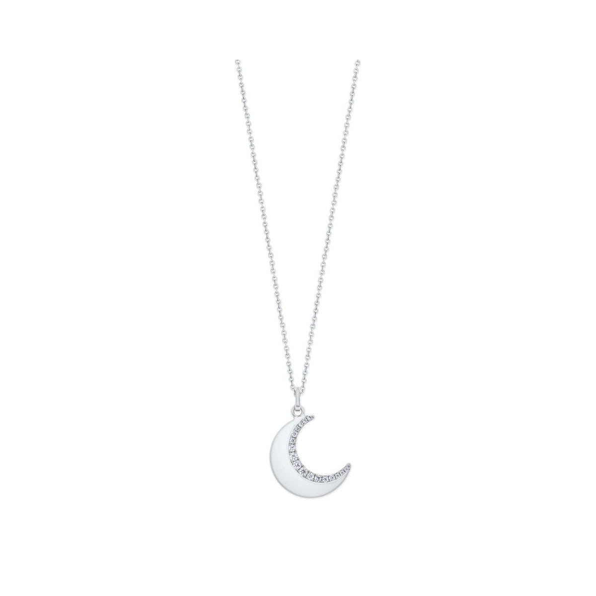 This beautiful half moon Pendant is crafted from Silver and feature a semi pave set half moon icon, the half moon is attached to a delicate chain by a highly polished bale that slides freely. This pendant closes with a lobster clip and is finished with a TC Fob.