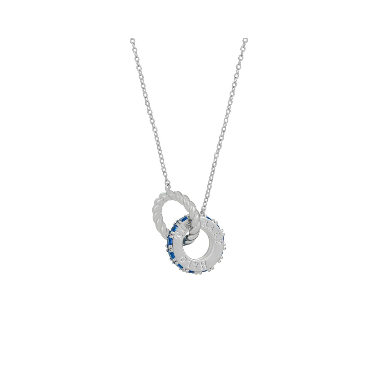 Elevate your style with Tipperary's Halo Night Interlocking Pendant. This sleek and modern piece features a shimmering silver and blue design, perfect for any occasion.