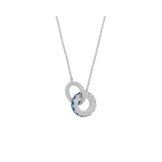 Elevate your style with Tipperary's Halo Night Interlocking Pendant. This sleek and modern piece features a shimmering silver and blue design, perfect for any occasion.