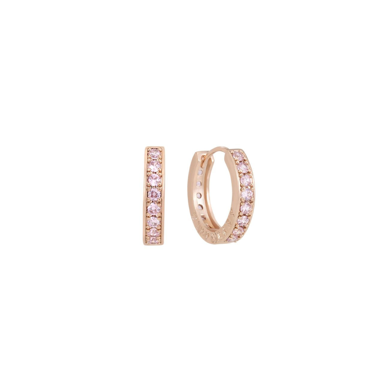 Expertly crafted with a touch of elegance, these Tipperary Rose Gold Hoop Earrings feature a beautiful Halo Sunset Mini Pink CZ design. Made with precision and quality, they add a touch of sophistication to any outfit. Upgrade your style with these stunning earrings.