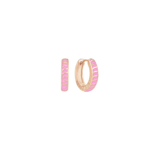 Indulge in elegant simplicity with Tipperary's Halo Sunset Mini Pink Enamel Hoop Earrings. Crafted with a stunning rose gold finish and delicate pink enamel detailing, these hoops will add a touch of sophistication to any outfit.